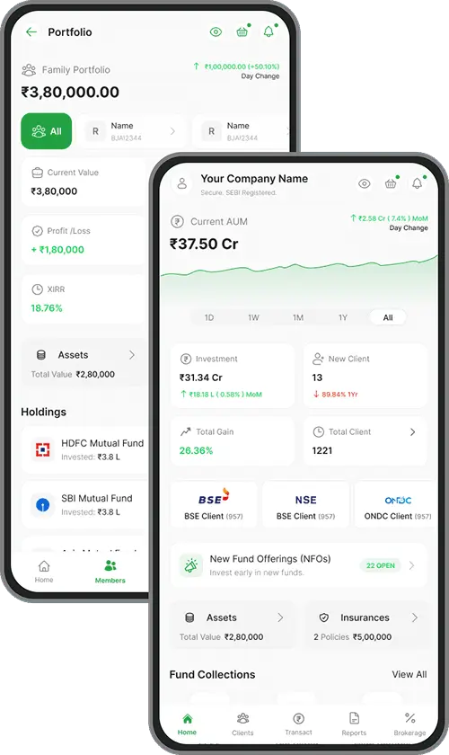 JezzMoney custom mutual fund app showing portfolio tracking, AUM dashboard, and BSE/NSE/ONDC integration on mobile