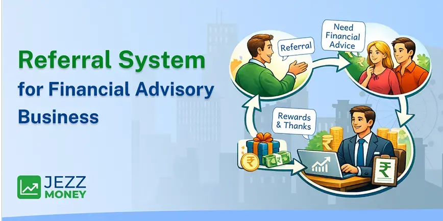 Referral system workflow for financial advisory business showing client acquisition through referrals