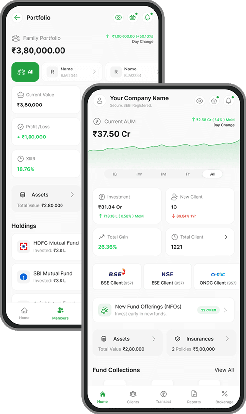 JezzMoney — Mutual Fund Distributor app for managing client AUM and investments, alongside an Investor app for tracking personal mutual fund portfolio for Indian investors.