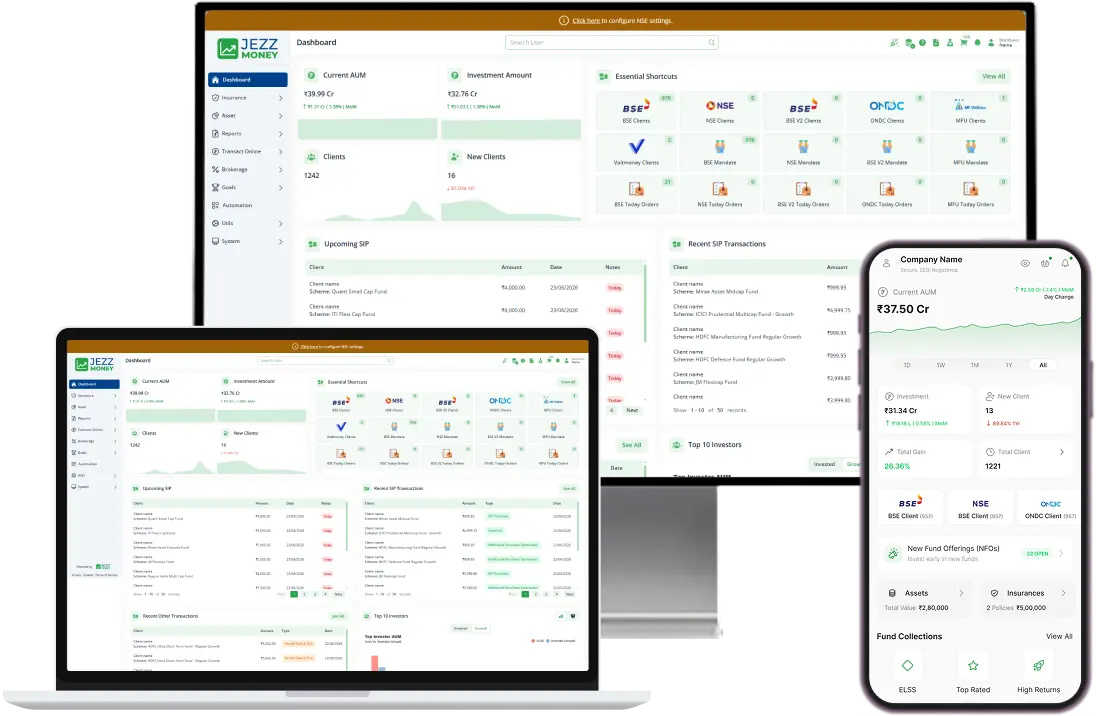 JezzMoney MFD software dashboard showing AUM, client portfolio, SIP transactions, and BSE/NSE/ONDC shortcuts on desktop, laptop, and mobile app